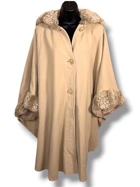 Vintage Womens Wool Blend Poncho Coat Hooded JD Neutral Classic Fur Trim Beige